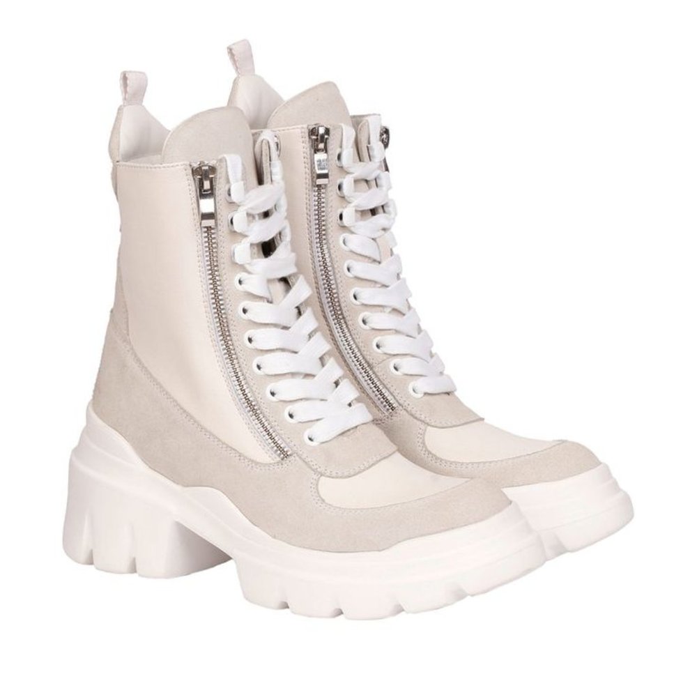 Platform Lace-Up Ankle Boots in Light Beige